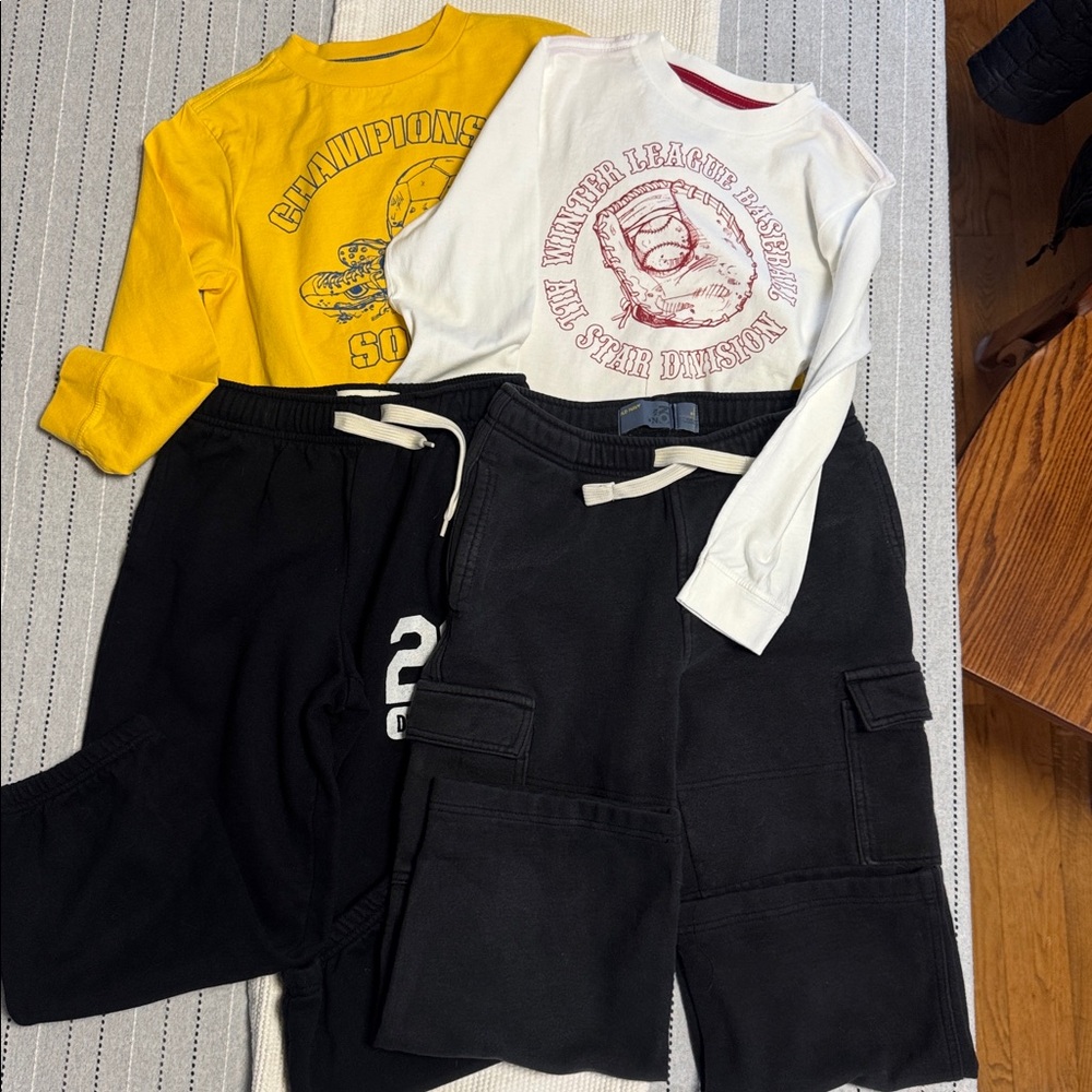 Old Navy Kids  Two Black Jogger Pants With Two Tees White and Yellow